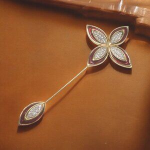 Vtg Monet Quatrefoil Stick Lapel Pin Brooch 4" Red Enamel Gold Tone Rhinestone